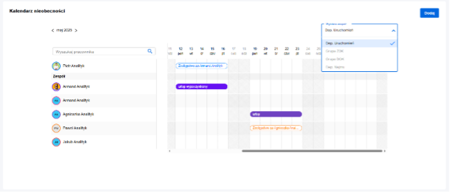 Zmiana zespołu w kalendarzu nieobecności