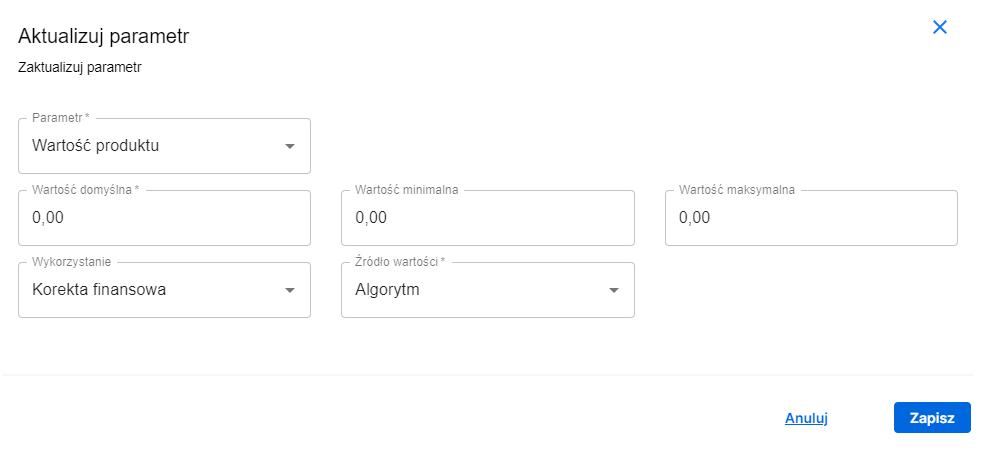 add vap form parameters product value