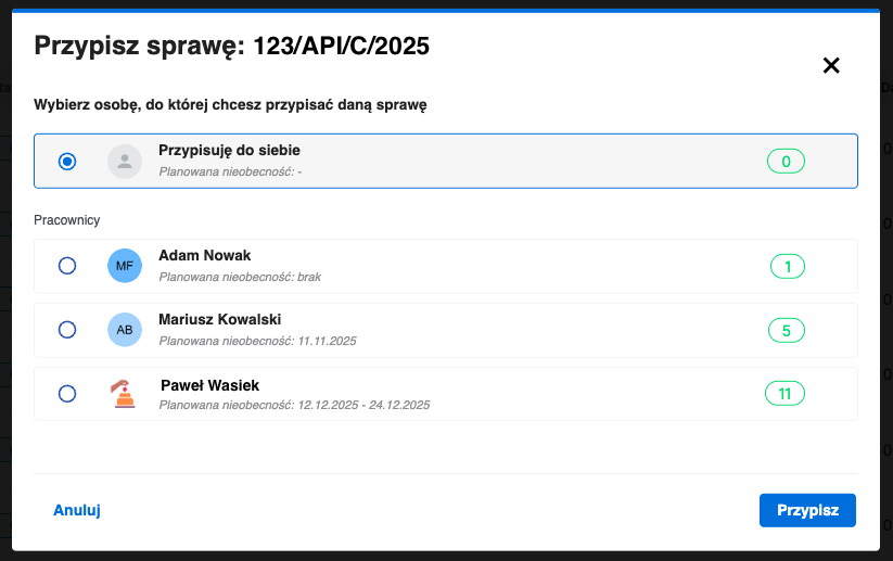 Modal przypisywania sprawy