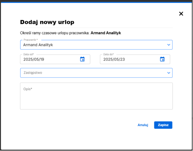 Modal dodawania nowej nieobecności