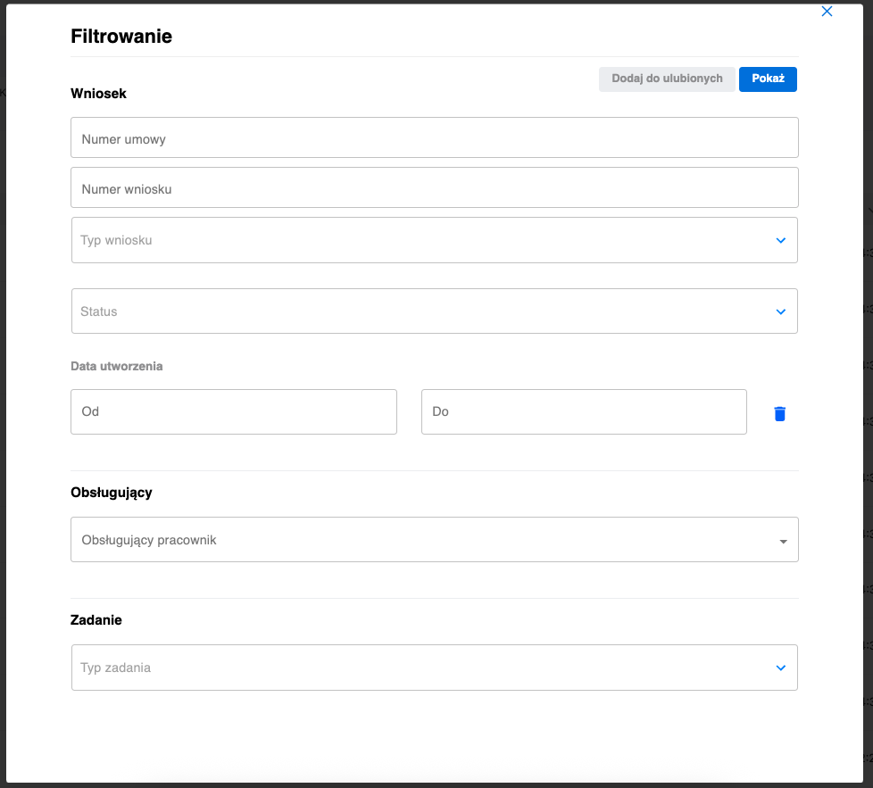 Modal filtrowania zadań