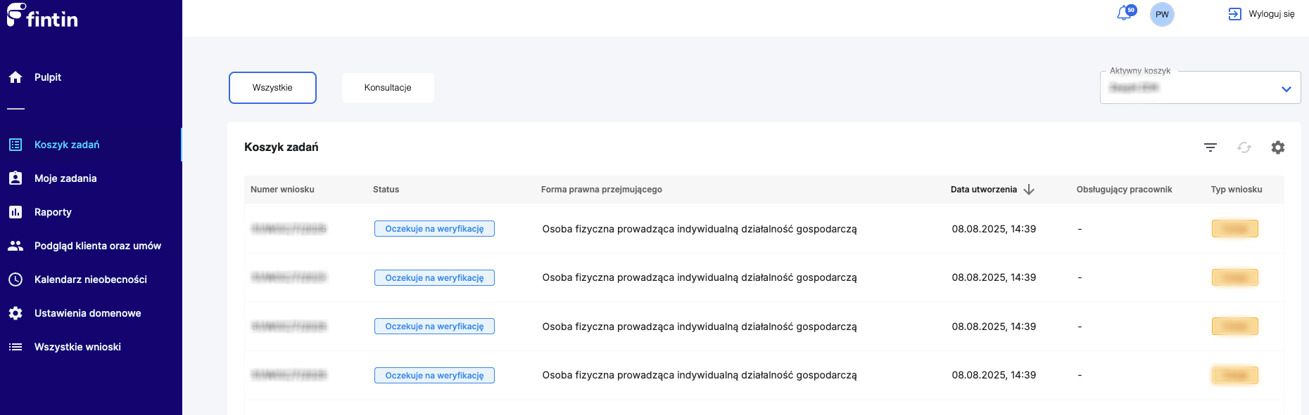 Koszyk zadań - widok główny