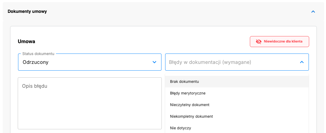 Ustawienie błędu w dokumencie